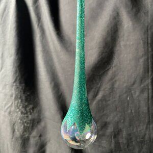 Vintage Green Teal Glitter Glass Teardrop Icicle Ornament Very Good Sparkle